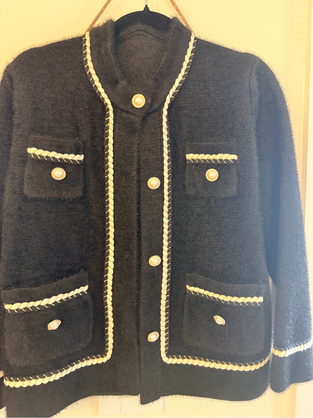 Black Wool Blend Cardigan Jacket with Cream Braid Trim